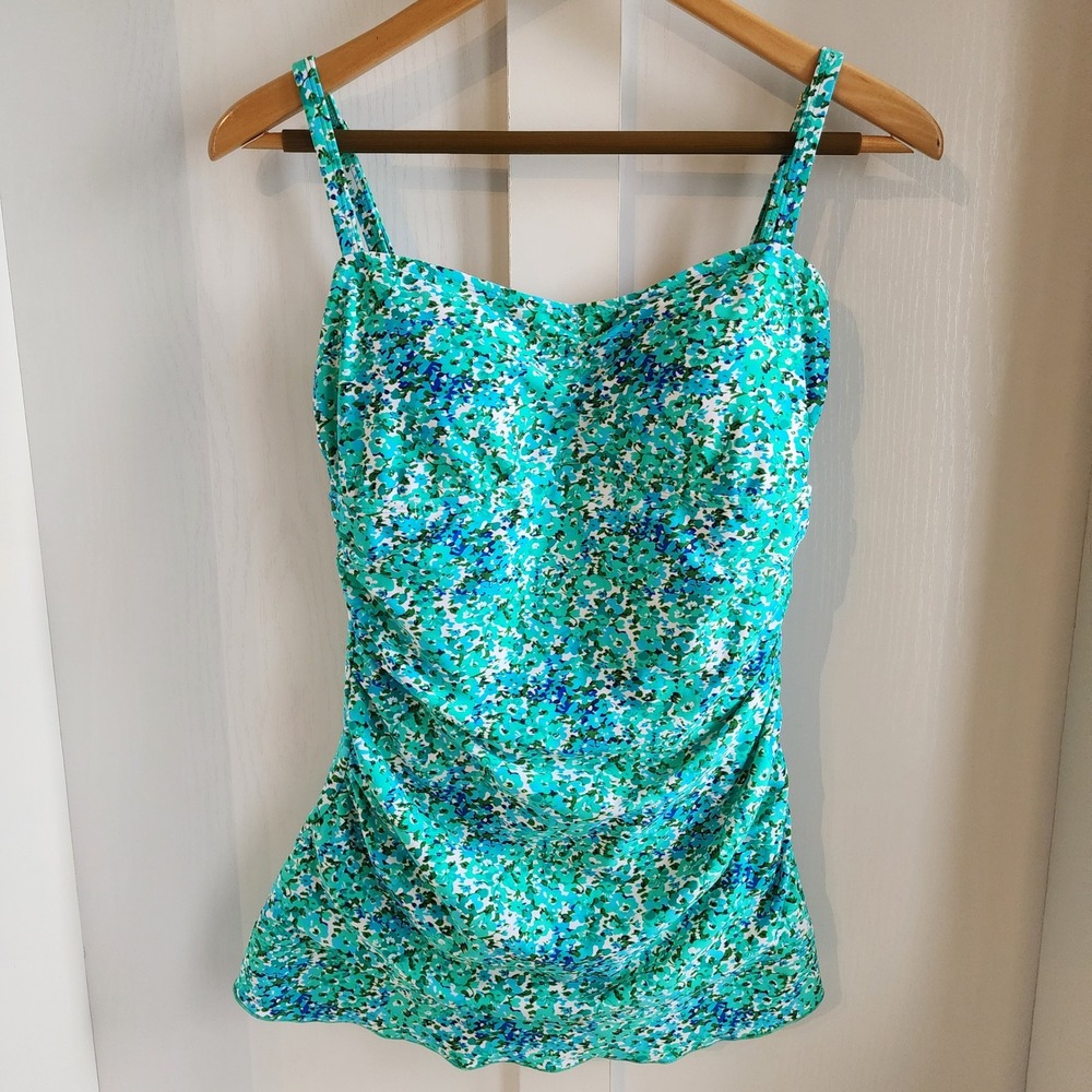 Shore Shapes Womens Floral Swim Dress Turquoise Blue Ruched One Piece Size 10